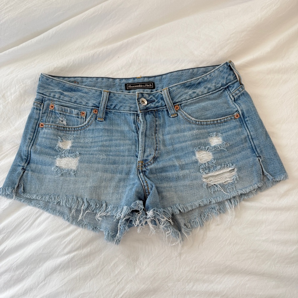 Low rise Abercrombie & Fitch Light Blue Distressed Jean Shorts
